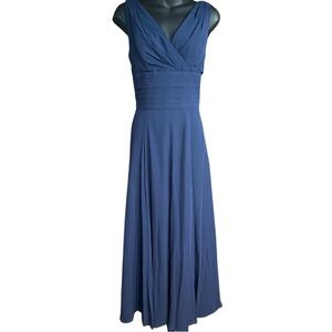 David’s bridal sleeveless blue maxi dress V-neckline pleated waist detail small